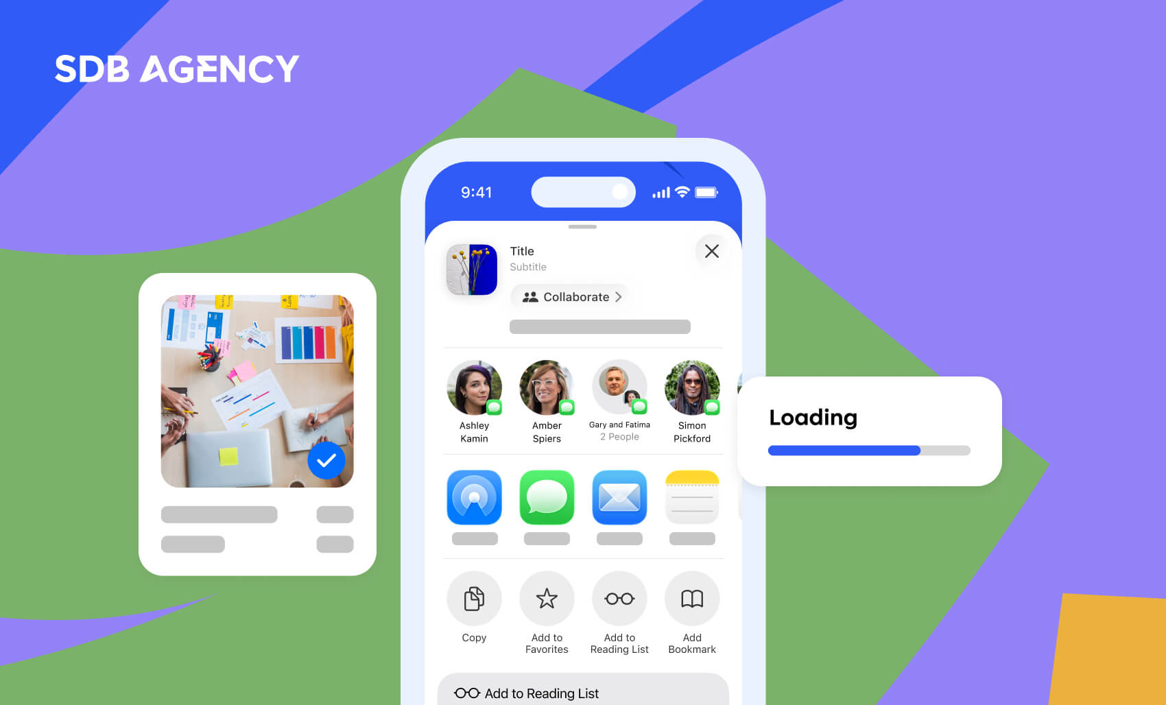 Modern mobile app design illustration showing a collaboration screen with user profiles and action icons
